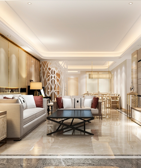 Warm living room with marble floor and timber panelling